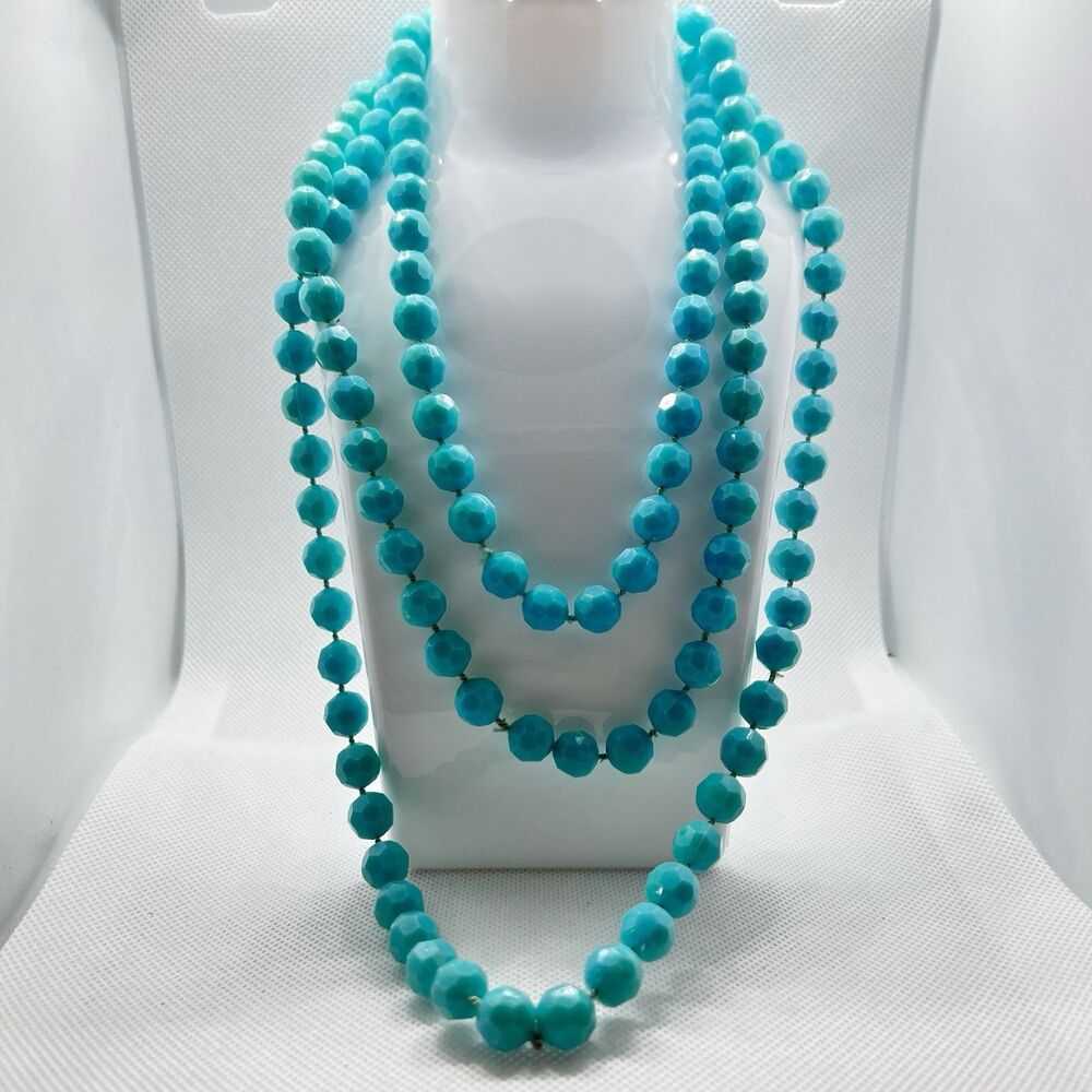 Gorgeous 1960s Vintage Blue Molded Plastic Hexagonal Beaded Vintage Necklace 62"